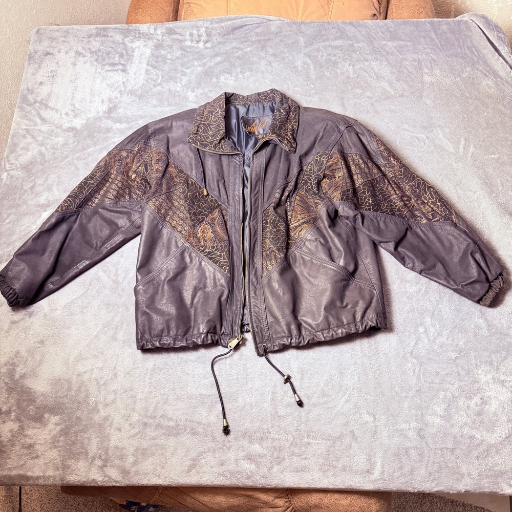 Vintage Winlit S Leather Black Bomber Jacket Gold Paisley Metallic Boho 80s 90s
